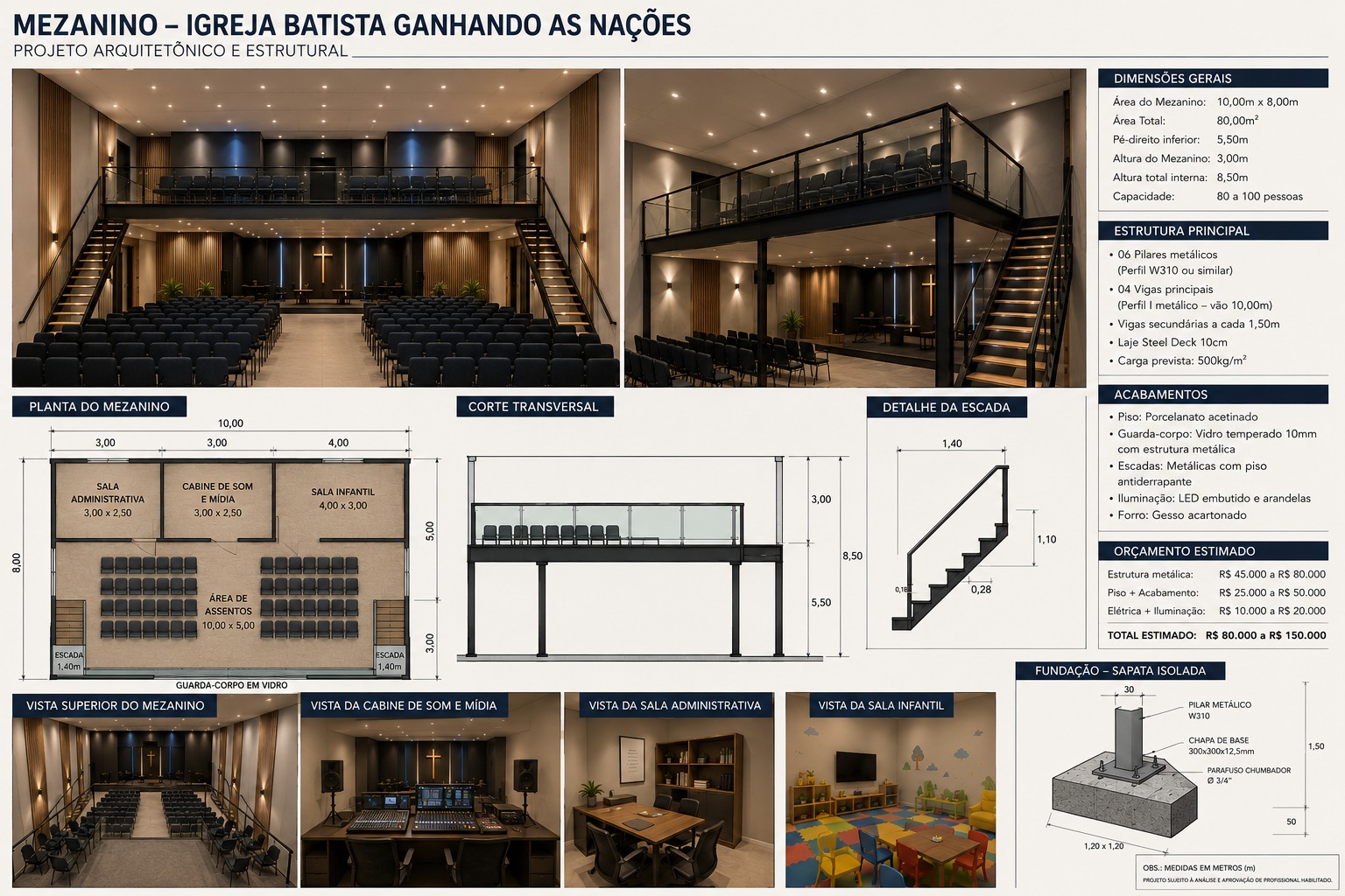 Projeto do interior da Igreja Batista Ganhando as Nações: nave, mezanino e salas